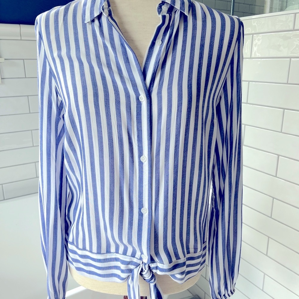 LC Lauren Conrad Blue and White Stripe Button Down Blouse W/Tie Front
